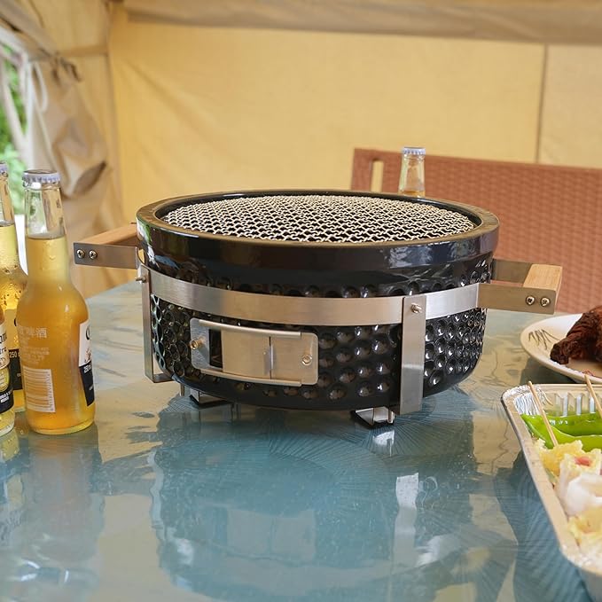 Yakitori Ceramic Charcoal Grill, Japanese Style Tabletop BBQ With Bamboo Heat Shield For Indoor/Outdoor, Round, DIA-14”
