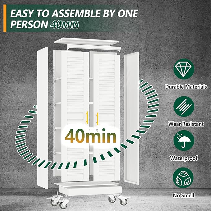 winiowa 71" Tall Metal Garage Storage Cabinet with Wheels, Steel Locking Rolling Tool Cabinet with 4 Adjustable Shelves for Garage,Home,Office (White)