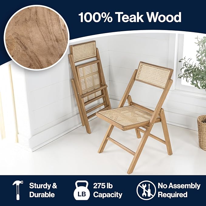 JONATHAN Y Theo Teak Wood and Rattan Folding Chairs, Set of 2, Light Brown | Woven Cane Seat And Back, Portable Lightweight Design, For Dining Room And Living Room, Mid-Century Vintage Bohemian Style
