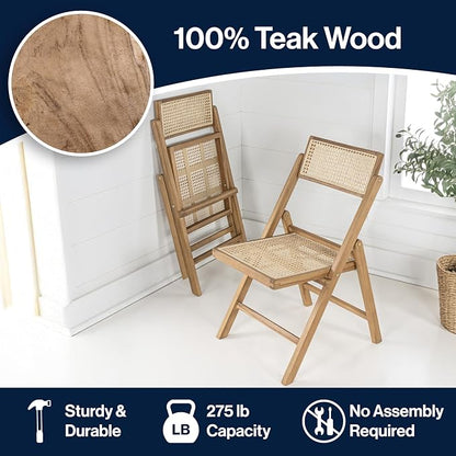 JONATHAN Y Theo Teak Wood and Rattan Folding Chairs, Set of 2, Light Brown | Woven Cane Seat And Back, Portable Lightweight Design, For Dining Room And Living Room, Mid-Century Vintage Bohemian Style
