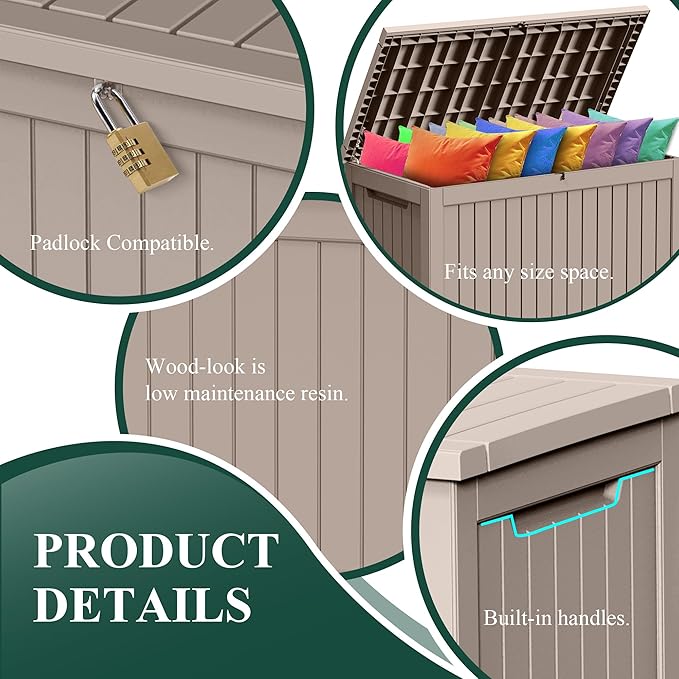 280 Gallon Outdoor Storage Box Waterproof - Outside Resin Deck Box, Lockable Storage Bin for Patio Furniture,Garden Tools,Cushions,Pool Accessories(Grey)