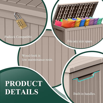 280 Gallon Outdoor Storage Box Waterproof - Outside Resin Deck Box, Lockable Storage Bin for Patio Furniture,Garden Tools,Cushions,Pool Accessories(Grey)