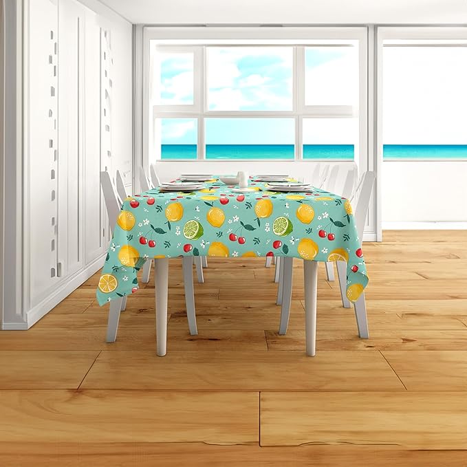 Wild Lemons and Cherries Vinyl Tablecloth – 60 x 84 Inch Rectangle Waterproof Table Cover with Flannel Backing, Wipeable Indoor/Outdoor Summer Fruit Print for Picnics, BBQs, and Holiday Dining