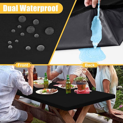 Rectangle Table Cloth, Waterproof Elastic Fitted Tablecloth for 8 Foot Folding Tables, Washable Polyester Tablecloths for Picnic, Camping, Outdoor (Black, 30"x96")