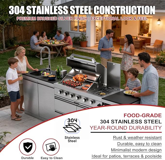 104" Modular Outdoor Kitchen Island, 75,300 BTU 6-Burner 304 Stainless Steel Propane Gas Grill, Prefab BBQ Island Station with Side Burner, Rotisserie Kit, 68L Fridge, Sink & Granite Countertops