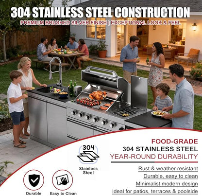 104" Modular Outdoor Kitchen Island, 75,300 BTU 6-Burner 304 Stainless Steel Propane Gas Grill, Prefab BBQ Island Station with Side Burner, Rotisserie Kit, 68L Fridge, Sink & Granite Countertops