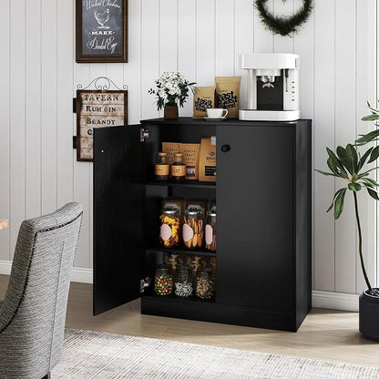 GIANTEX 2 Door Storage Base Cabinet (Black) | 3-Tier Base Cabinet with Non-Slip Foot Pads, Kitchen Cupboard Storage Organizer for Living Room, Hallway, Entryway, Office