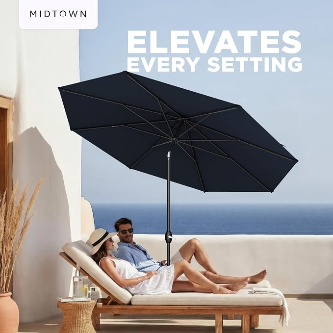 Midtown Umbrellas – The Lean 10 Ft Patio Umbrella with 10-Year-No-Fade Acrylast Acrylic Fabric, Auto-Tilt and 8 Reinforced Ribs for Deck, Pool, Garden, Hotel & Cafes – Harbor Navy Canopy, Black Pole