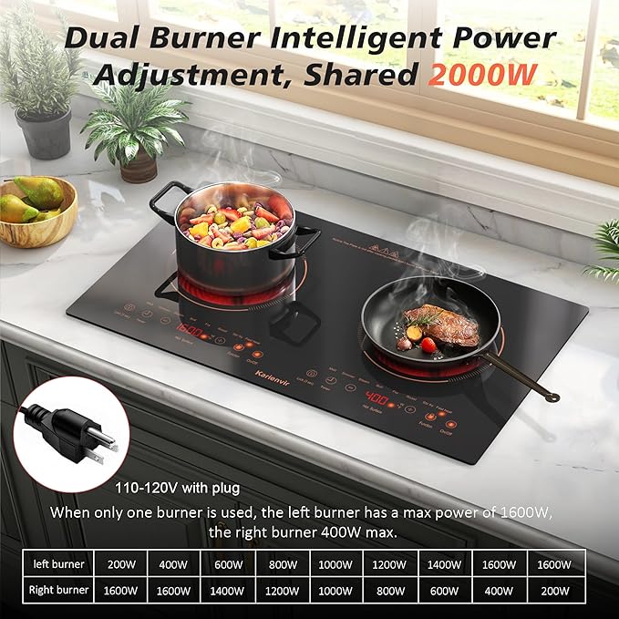 2 Burner Electric Cooktop 110v, 24 Inch Electric Stove Countertop & Built-in, Plug-in Electrics Cooktop, 8 Power Levels & 8 Functions, Touch Control, Safety Lock, Timer, 2000W, Orange