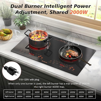 2 Burner Electric Cooktop 110v, 24 Inch Electric Stove Countertop & Built-in, Plug-in Electrics Cooktop, 8 Power Levels & 8 Functions, Touch Control, Safety Lock, Timer, 2000W, Orange