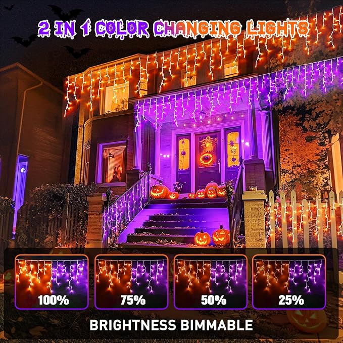 JMEXSUSS 400 LED Color Changing Halloween Lights Outdoor | 38.8ft Orange to Purple Halloween Icicle Lights with Remote, Waterproof String Light Plug in for Outdoor Indoor Party Decor