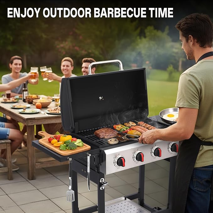 Propane Grill with Folding Side Tables, 4-Burner Gas Grill with Porcelain-Enameled Cast Iron Grates and Stainless Steel Grill Pan, 40,000 BTU BBQ Grill with Wheels for Outdoor Cooking