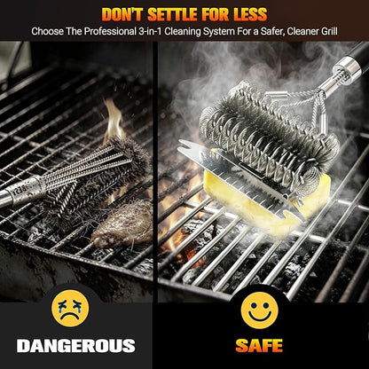 Magnetic 3-in-1 Grill Brush with Power Press Handle & Lock - 18" Detachable BBQ Cleaner for Heavy Duty Grime, Bristle-Safe Sponges, Ideal BBQ Gift for Men/Dad - Black