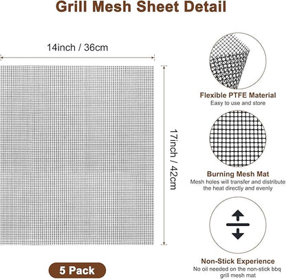 M METERXITY 5-Pack BBQ Mesh Grill Mat 17 X14 Inch, Reusable Nonstick Grilling Mats Sheet Liner for Outdoor Grill/Griddle/Cooking/Baking Mats/Gas Electric Grill/Barbecue Smoker[Black]