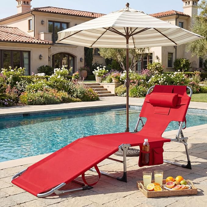 GYMAX Tanning Chair with Face Hole, Sun Bathing Lounge Chairs for Outside with Side Pocket, Folding Portable Face Down Layout Tanning Chair Beach, Backyard, Poolside, Lawn (Red,1)