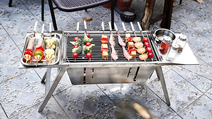 DesignNest Foldable Charcoal Grill - Full Body Stainless Steel Portable BBQ Stand Hibachi with Height Adjustable Grates, 2 Side Trays & Carry Bag 38' Cooking Area For Camping Tailgating & Patios