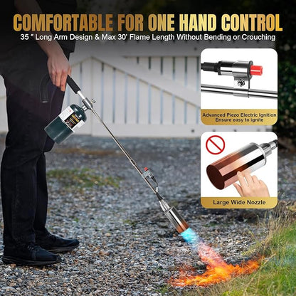 GasBRUH Propane Torch Weed Burner, 35" Long Arm Weed Torch Include a Weed Rake, Fire Starter, Charcoal Starter, Blow Torch with Flame Control and Igniter for Roof, Wood, Ice, Snow (Tank not included)