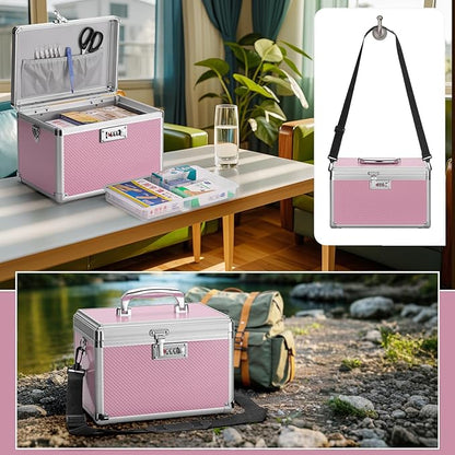Medicine Lock Box with Combination Lock - 13.4 x 7.6 x 8.2 Inches - First Aid Safe Medication Storage Box, Medications and Personal Items, Safe Boxes for Home and Outdoor - Pink