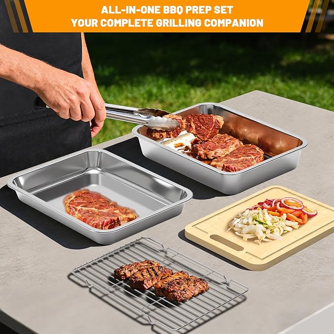 Grilling Prep and Serve Trays with Oil Drain Rack, Stainless Steel Grilling Prep and Serve Tray, Marinade Container with Lid, Oil Drain Rack, Cutting Board, BBQ Grill Accessories