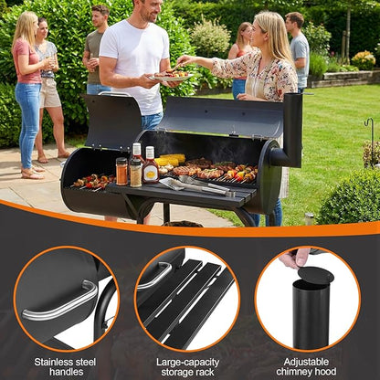 Offset Smoker Charcoal Grill 192 SQ.IN. Cooking Surface Heavy-Duty BBQ Grill Wheels Barbecue Cooker Steel Warming Rack for Outdoor Garden Patio & Backyard Cooking