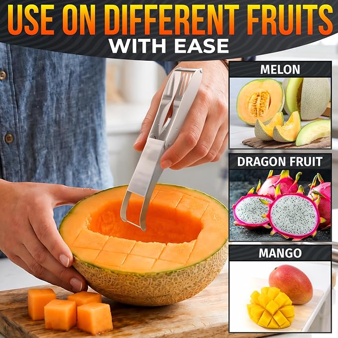 2-in-1 Watermelon Cutter Slicer Tool, Watermelon Fork, 304 Steel | Fruit Cutter Tool that Cube Mango, Cantaloupe & Dragon Fruit for Parties, Picnics & Summer Salads by Dual-Sided Blades