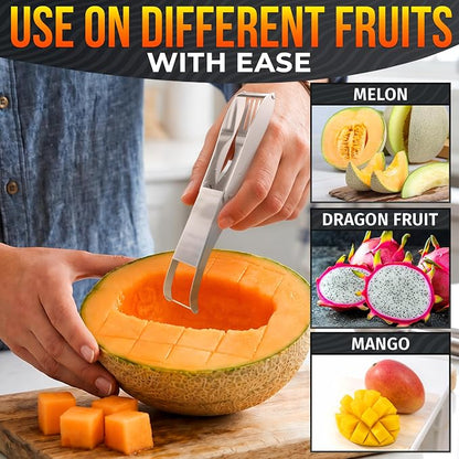2-in-1 Watermelon Cutter Slicer Tool, Watermelon Fork, 304 Steel | Fruit Cutter Tool that Cube Mango, Cantaloupe & Dragon Fruit for Parties, Picnics & Summer Salads by Dual-Sided Blades