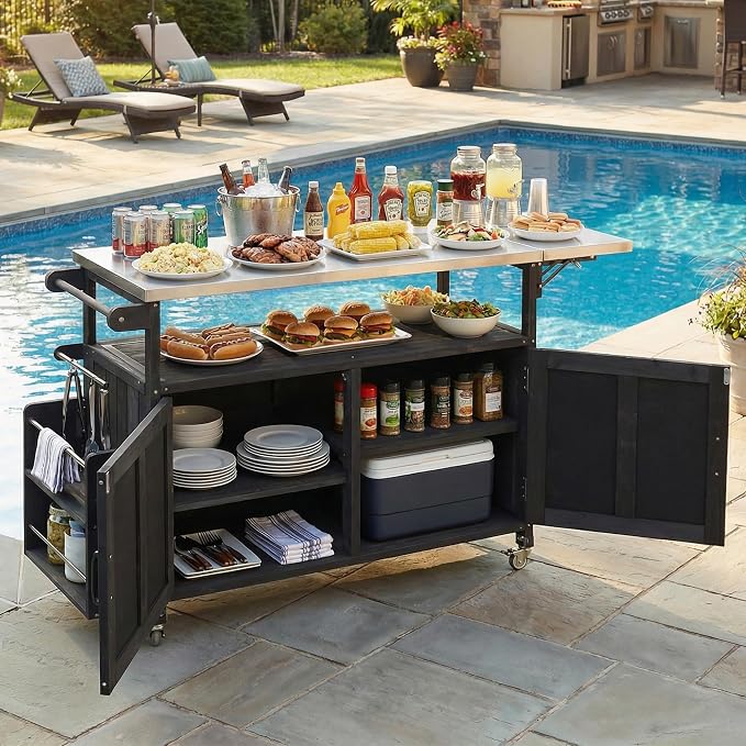 JIVOIT Outdoor Fir Wood Kitchen Island with Foldable Stainless Steel Top, Patio Mobile Kitchen Cart Portable Outdoor Cooking Island with Lockable Wheels, Storage Cabinet and Towel Rack (Black/124)