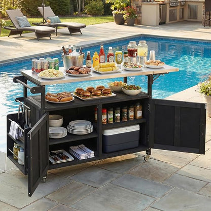 JIVOIT Outdoor Fir Wood Kitchen Island with Foldable Stainless Steel Top, Patio Mobile Kitchen Cart Portable Outdoor Cooking Island with Lockable Wheels, Storage Cabinet and Towel Rack (Black/124)