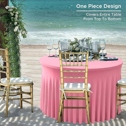 Fitted Pink Spandex Table Skirts for Wedding Party,60 Inch Round,6 Pack | Spandex Table Covers, For 5 Ft Wedding Cake Tables, Wrinkle Resistant, Ruffle Design Banquets, Baby Showers, Parties