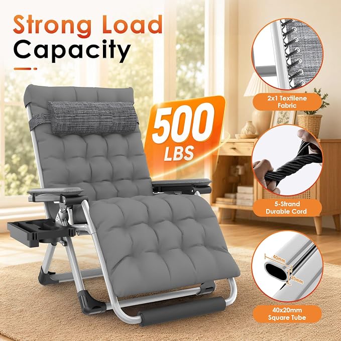 Slendor Heated Oversized Zero Gravity Chairs 33In, XXL Lounge Chair, Gray | Anti Gravity Recliner with 3 Heat Levels for Back & Seat, Headrest & Cup Holder, Folding, Supports 500lbs, (Battery Not)