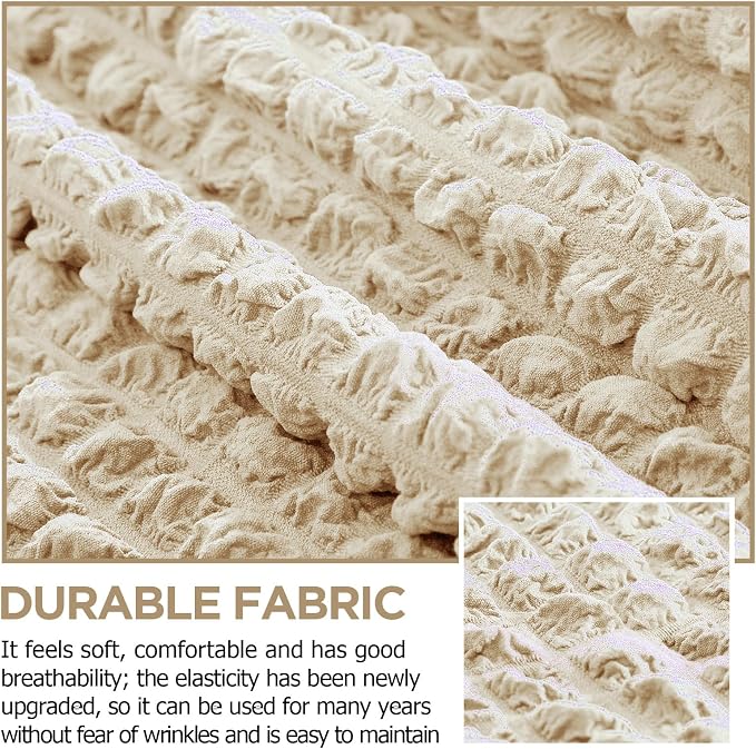 Fanfanwin 3 Pcs Sofa Slipcover Set for Couch Cushion Durable Washable High Elastic Stretchable Furniture Couch Covers with Skirt for Sofa Loveseat Arm Chair(Beige,Seersucker)