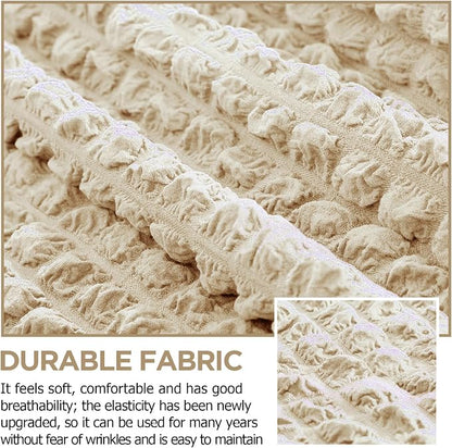 Fanfanwin 3 Pcs Sofa Slipcover Set for Couch Cushion Durable Washable High Elastic Stretchable Furniture Couch Covers with Skirt for Sofa Loveseat Arm Chair(Beige,Seersucker)