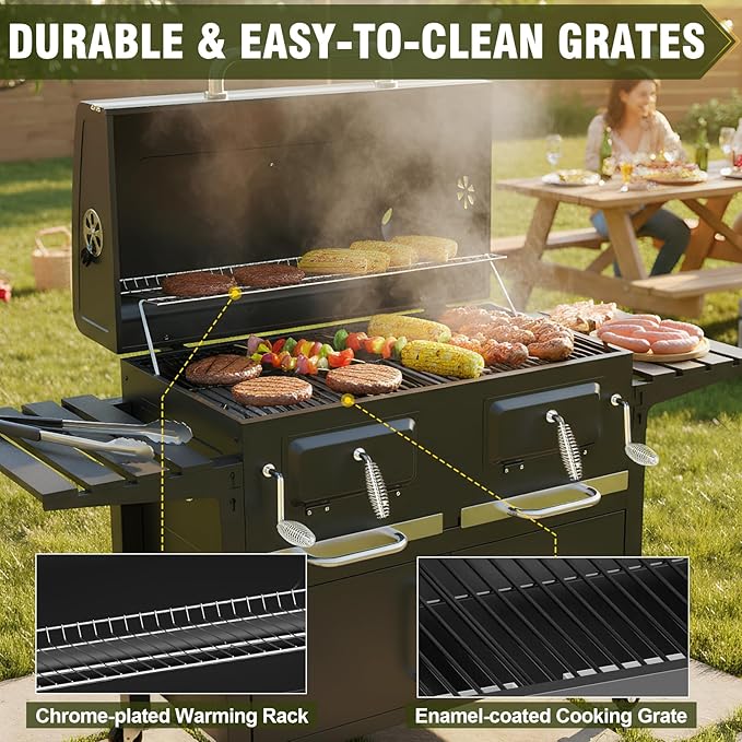 Bestfire Extra Large Charcoal BBQ Grill with Oversized Cooking Space, Dual Charcoal Trays, Enamel Grates & Chrome Warming Rack, Outdoor Barbecue Smoker with 4 Wheels & Side Tables