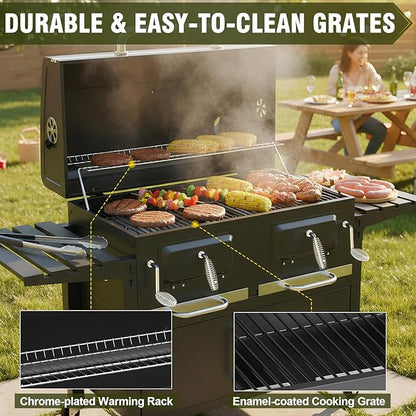 Bestfire Extra Large Charcoal BBQ Grill with Oversized Cooking Space, Dual Charcoal Trays, Enamel Grates & Chrome Warming Rack, Outdoor Barbecue Smoker with 4 Wheels & Side Tables