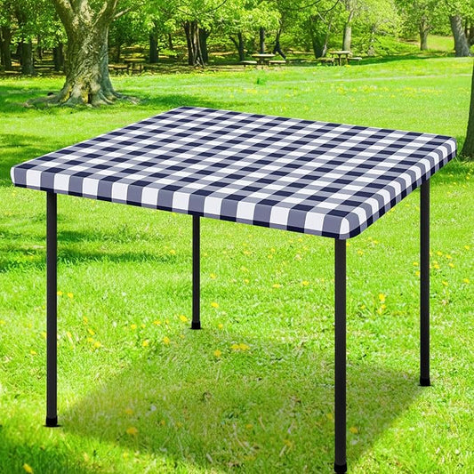 Smiry Square Picnic Table Cloth, Elastic Waterproof Fitted Vinyl Tablecloths, Flannel Backed Buffalo Plaid Table Covers for Dining, Camping, Outdoor (White and Navy, 36" x 36")