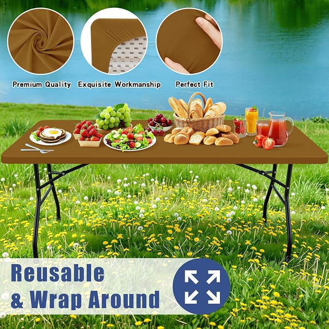 Moosfor 2 Pack Rectangle Spandex Fitted Table Cloth, 4FT Elastic Tablecloth | Washable Picnic Table Cover, Stretch Waterproof Table cloths for Party, Patio, Dining, Kitchen, 24" x 48", Dark Brown