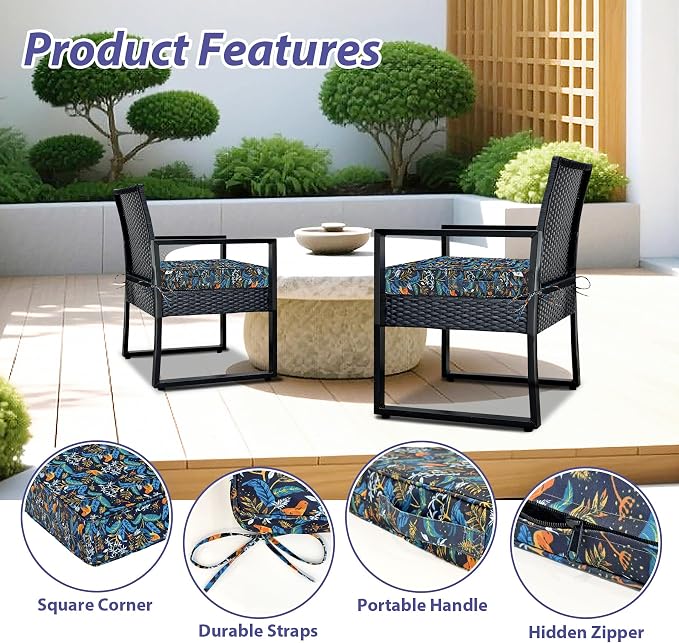 IPYNBAP Outdoor Chair Cushions Set of 4 -Waterproof Outdoor Seat Cushions for Patio Furniture, Patio Chair Cushion with Handle and Ties, Out Door Chair Pads,18.5x16x3-Square, Black Nightingale