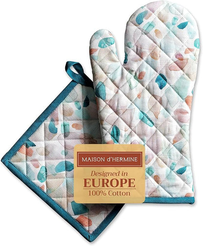 Maison d' Hermine 100% Cotton Oven Mitt & Pot Holder Set (7.5"x13" & 8"x8") Heat Resistant BBQ Cooking Gloves with Loop Baking Grilling Kitchen Hotel Home Farmhouse Spring Summer (Summer Picnic)