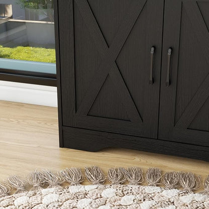 Panana Sideboard 2 Drawers 2 Doors Entryway Storage Cabinet Living Room Organizer Farmhouse Style Wooden Kitchen Cupboard (Black)
