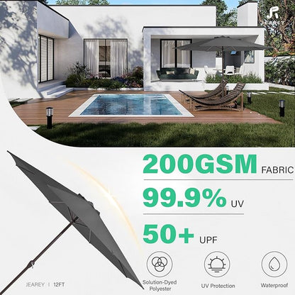 JEAREY 12' Patio Umbrellas Outdoor Table Market Umbrella w/Crank, 8 Sturdy Ribs, UV Protection Windproof for Garden, Deck, Backyard, Pool(Gray)