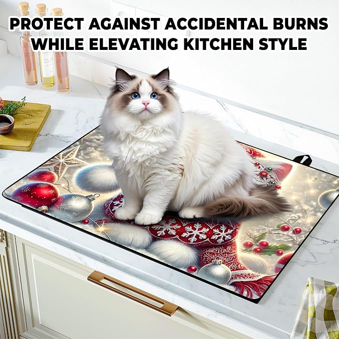 Christmas Stove Top Cover Snowman Stove Top Cover for Home Decoration Kitchen Pad Non-Stick Washable Cooktop Covers Countertop Protector Keep Stove Clean 28"x20" (Cat)