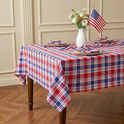 4th of July Red White and Blue Plaid Tablecloth – Waterproof Patriotic Independence Day Table Cover for BBQ, Picnic, Party, Farmhouse Kitchen & Outdoor Decor, W60 x L144 in