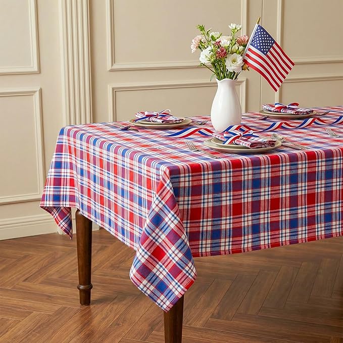 4th of July Red White and Blue Plaid Tablecloth – Waterproof Patriotic Independence Day Table Cover for BBQ, Picnic, Party, Farmhouse Kitchen & Outdoor Decor, W60 x L120 in
