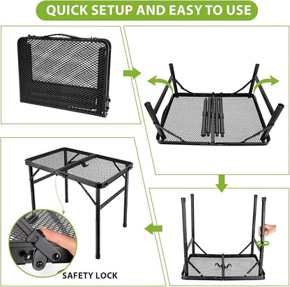 GDDGHS 2x1.3 FT Folding Camping Table Foldable Grill Table for Outdoor BBQ, Metal Portable Camping Grill Stand with Mesh Desktop, Adjustable Height Lightweight BBQ Tables Black
