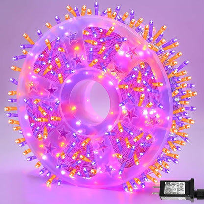 YEGUO 328ft 1000 LED Halloween Lights Outdoor Waterproof, Clear Wire Christmas String Lights Indoor, 8 Modes Twinkle Tree Lights Plug in with Timer Memory.(Orange and Purple)