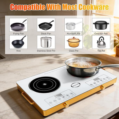 Electric Charcoal Burner Stove, 500W Single Coil Hot Plate Starter with Grill Tongs, 5-Level Temp, Smart Heat Control & Stainless Steel Fast Heating for Cooking top Countertop (5543White-Double)