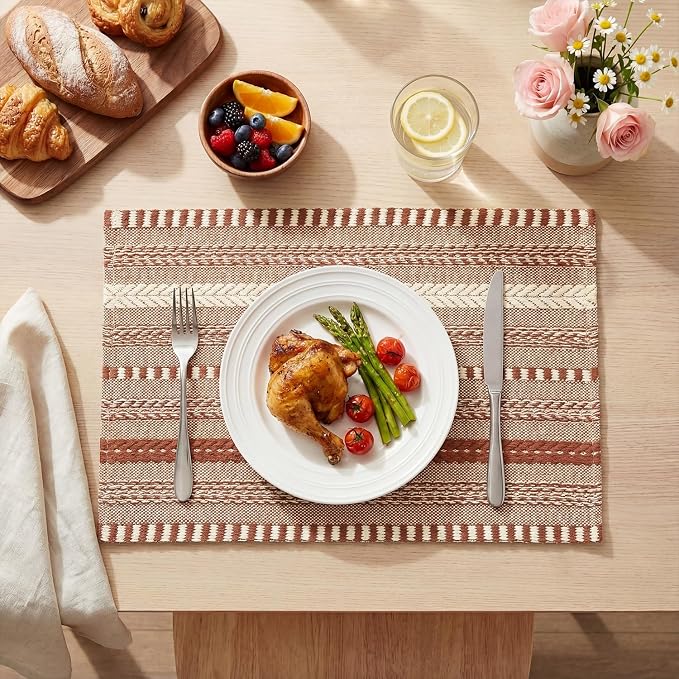 Artoid Mode Caramel Farmhouse Woven Braided Stripe Placemats Set of 6,12x18 Inch Seasonal Holiday Table Mats Party Kitchen Dining Decoration