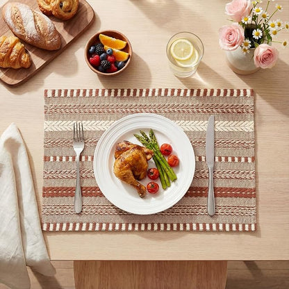 Artoid Mode Caramel Farmhouse Woven Braided Stripe Placemats Set of 6,12x18 Inch Seasonal Holiday Table Mats Party Kitchen Dining Decoration