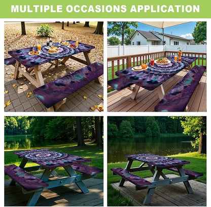 ANNA QUEEN Mandala Picnic Table Cover Set, 6FT Boho Purple Waterproof Tablecloth & Bench Covers 3PCS 72"x30" for Camping Garden Patio Festivals Retreats