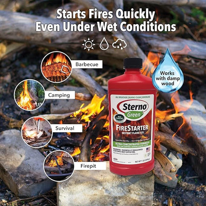 Sterno Charcoal Lighter Fluid, Fire Starter Gel for Pellet Stoves, BBQ Grilling, Campfire, Ethanol Clean Burning Instant Flame - Ultra-Concentrated, All-Weather for Indoor & Outdoor - 6-Pack, 16oz